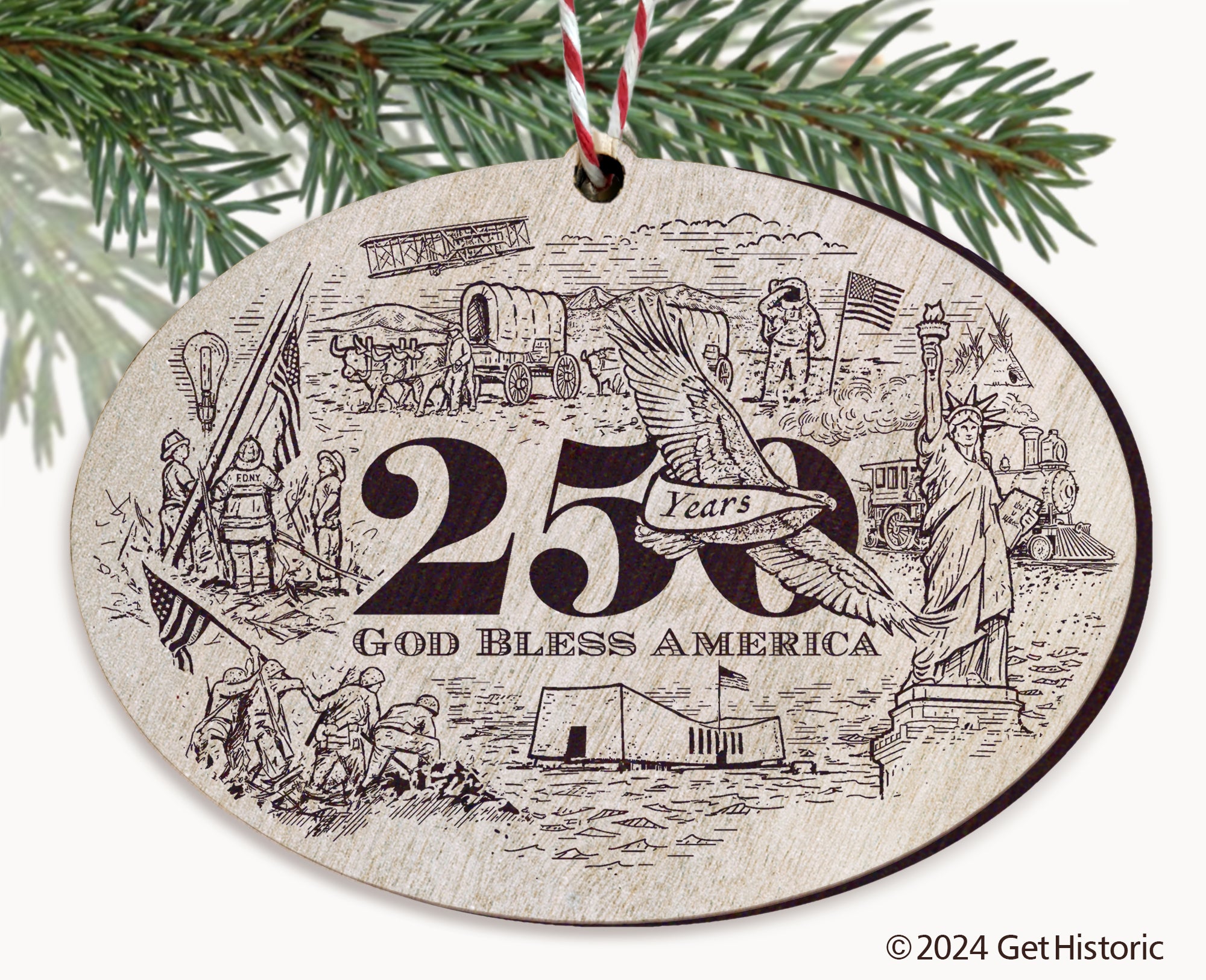 America's 250th Anniversary Whitewash Wood Engraved Ornament