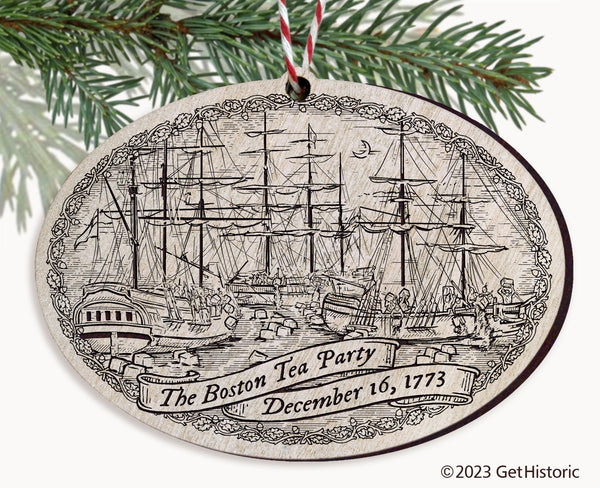 Boston Tea Party Whitewash Wood Engraved Ornament