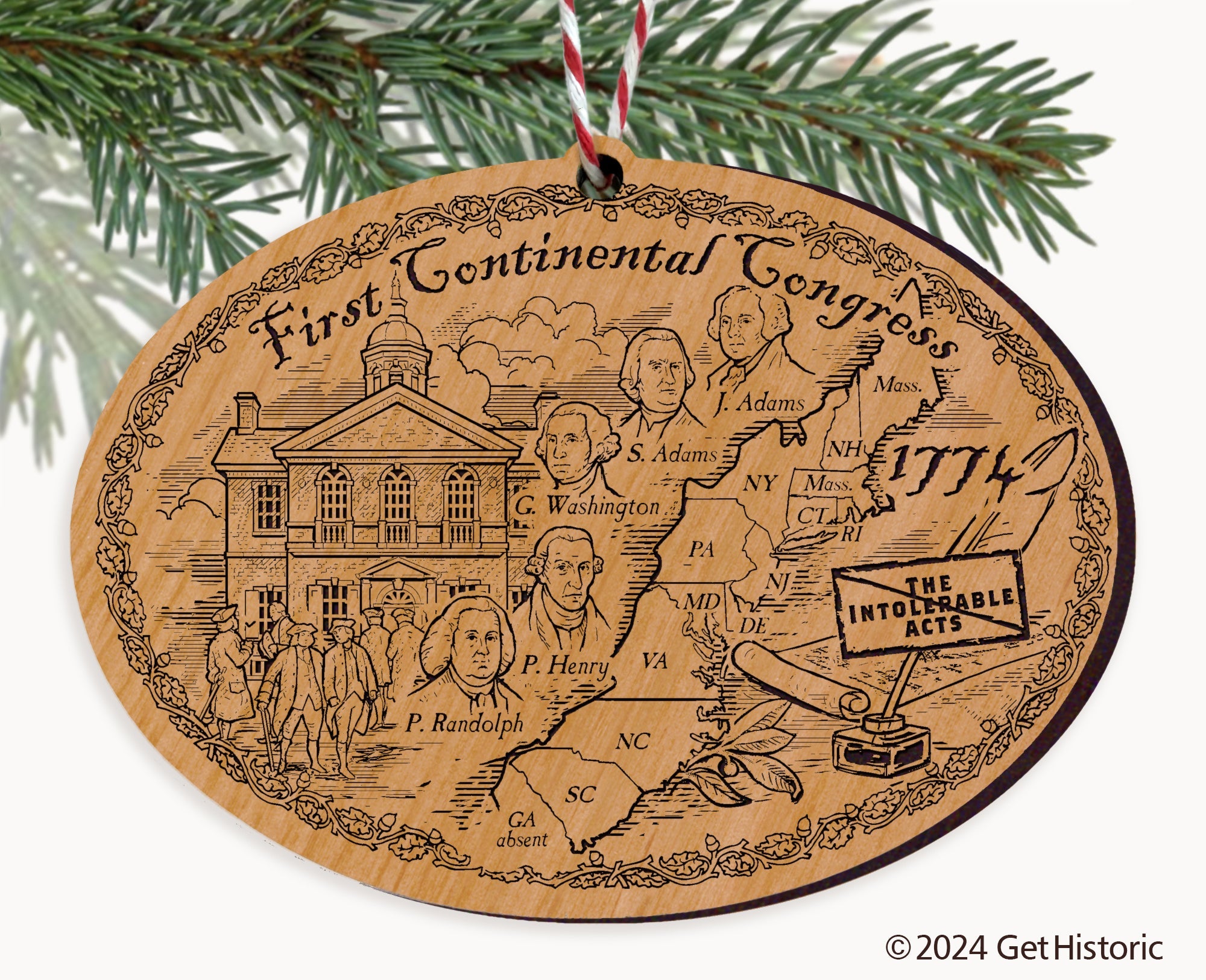 First Continental Congress Natural Wood Engraved Ornament