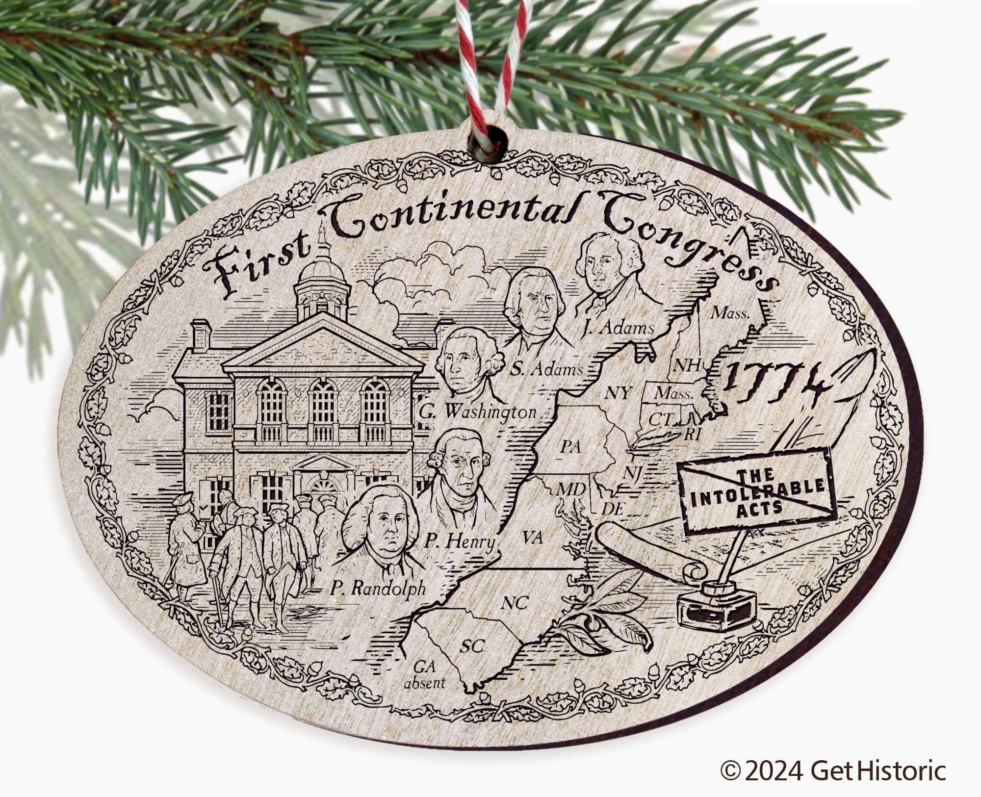 First Continental Congress Whitewash Wood Engraved Ornament