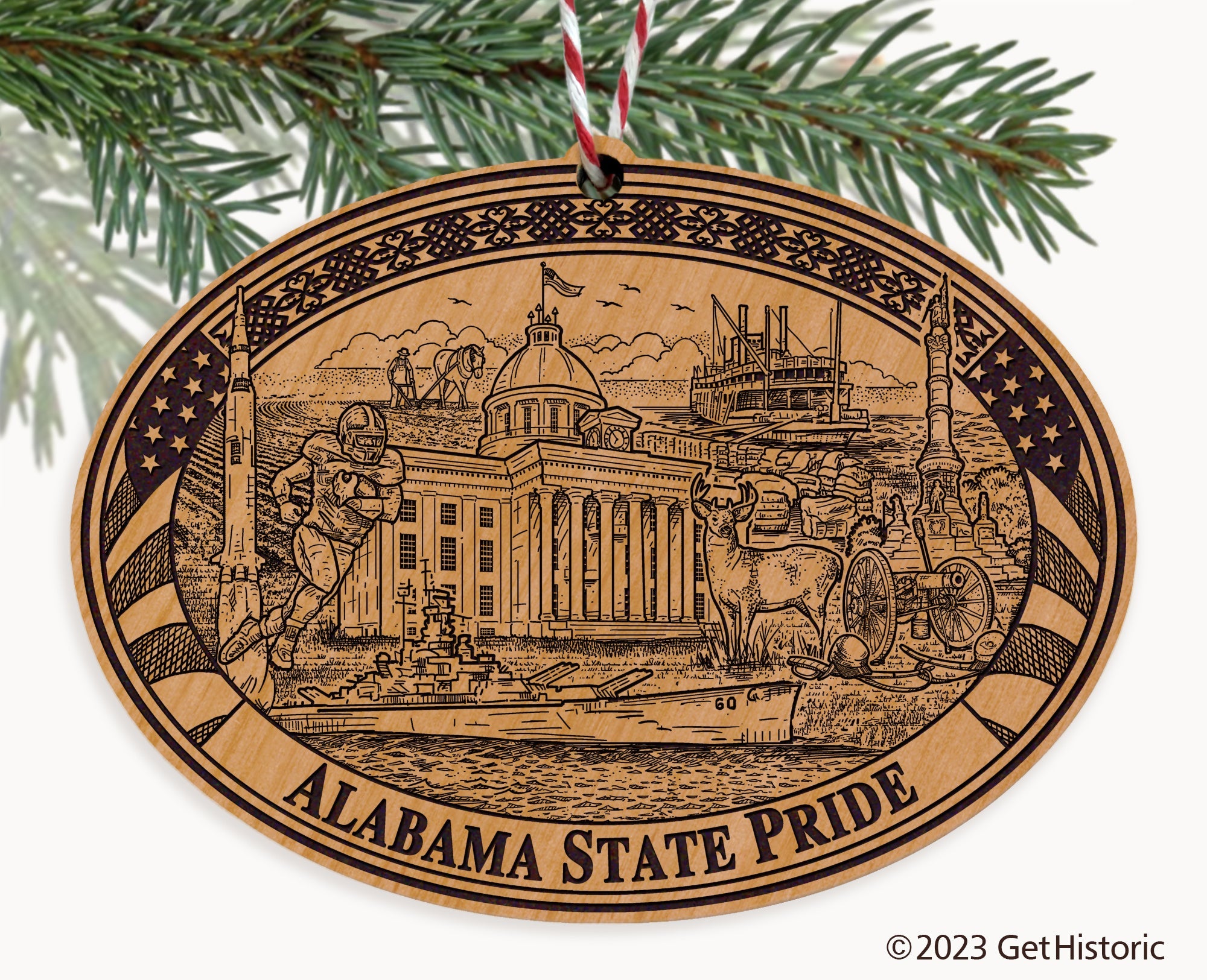 Alabama State Natural Wood Engraved Ornament