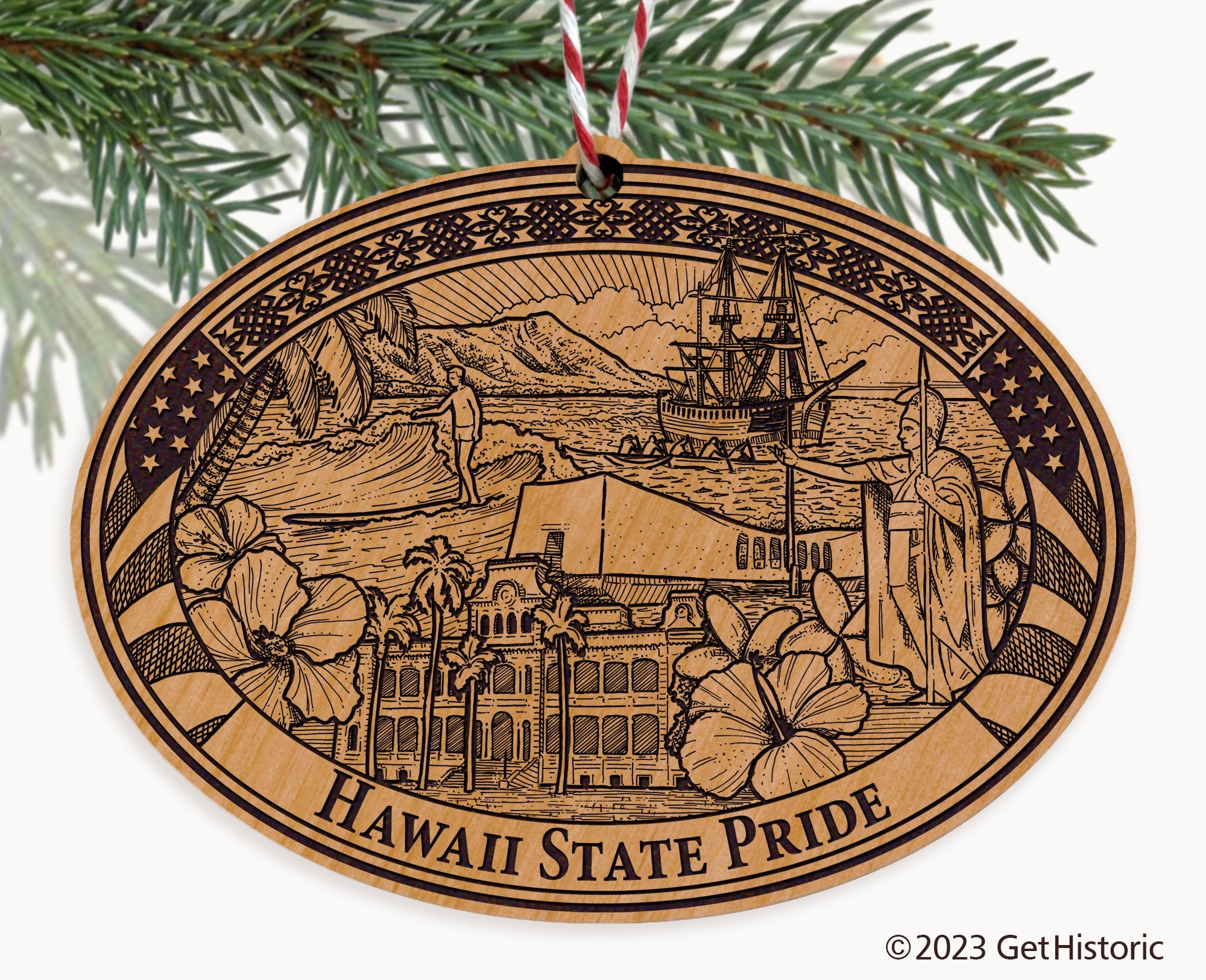 Hawaii State Natural Wood Engraved Ornament