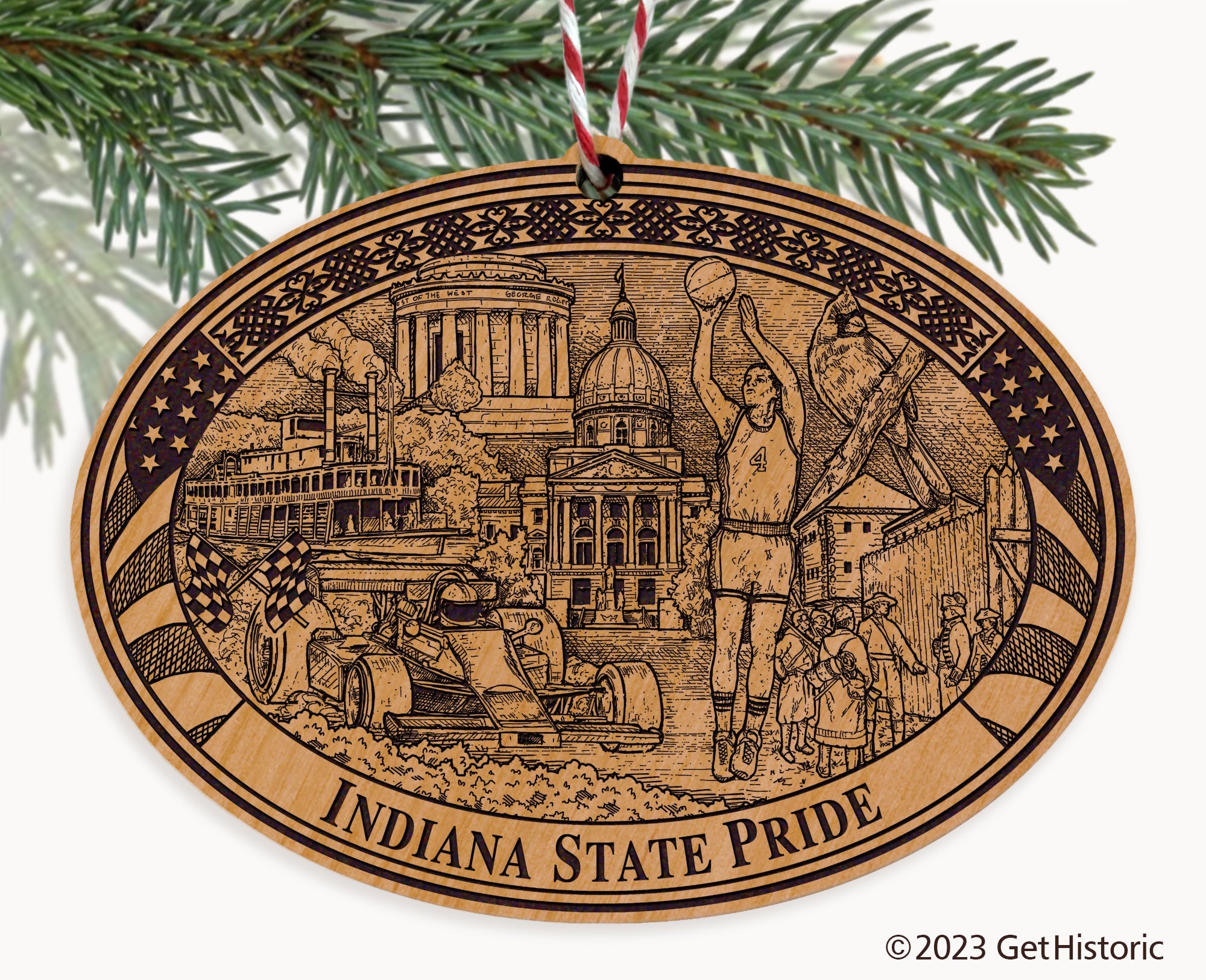 Indiana State Natural Wood Engraved Ornament