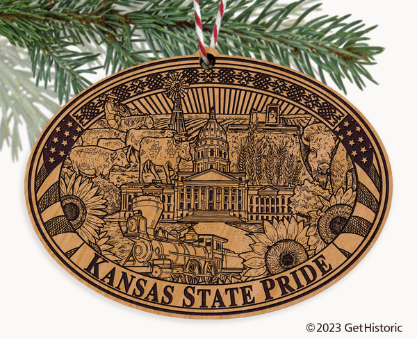 Kansas State Natural Wood Engraved Ornament