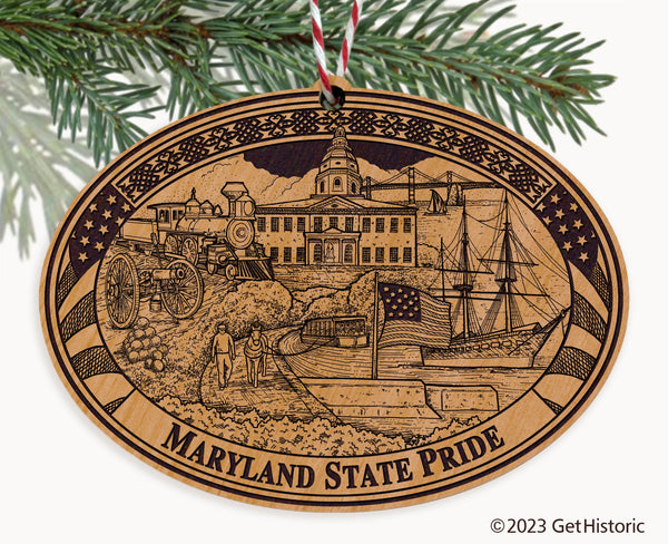 Maryland State Natural Wood Engraved Ornament