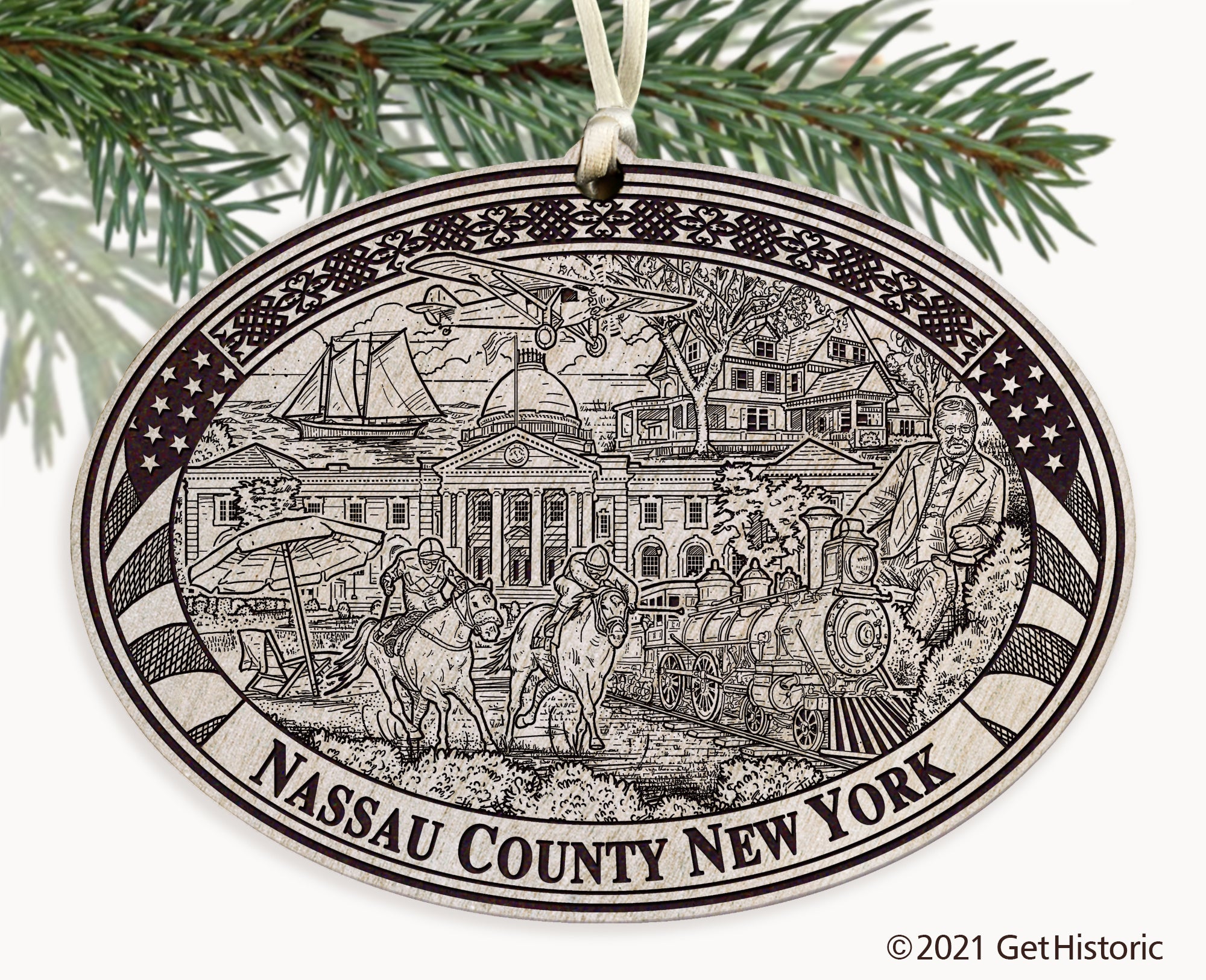 Nassau County New York Engraved Natural Ornament