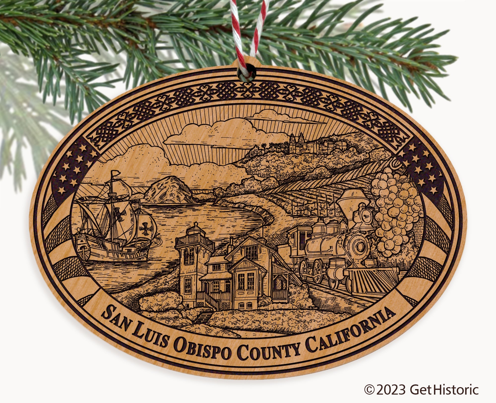 San Luis Obispo County California Engraved Natural Ornament